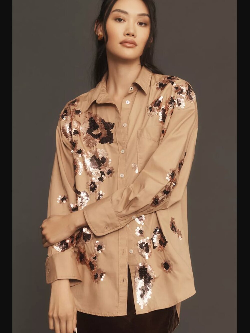 NWT Anthropologie Maeve Tan Sequin-Accent Button Shirt